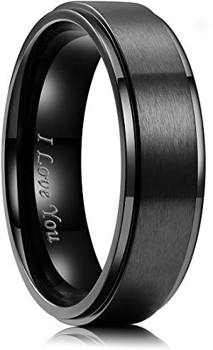 King Will 316L Stainless Steel Wedding Ring for Men Women- 6mm Width Black Wedding Band Laser I Love You Stepped Beveled Edge Style Comfort Fit Size 10