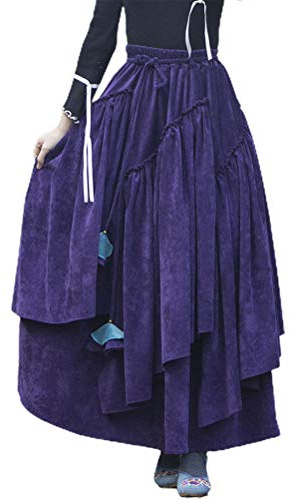 IDEALSANXUN Womens High Waist Aline Corduroy Flared Pleated Long Skirts(Purple, L)