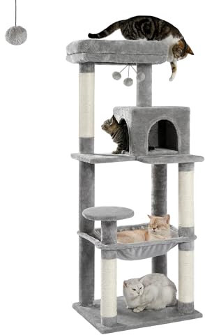 PAWZ Road 143cm Cat Tree for Indoor Cats with Metal Frame Large Hammock, 56.3 Inches Big Cat Tower with Scratching Posts and Top Perch, 4.7ft Multi-Level Activity Center with Replaceable Pompon, Grey