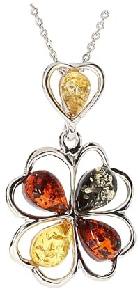 Artisana-Schmuck Pendentif en forme de trèfle en ambre naturel, serti en argent sterling 925 plaqué rhodium