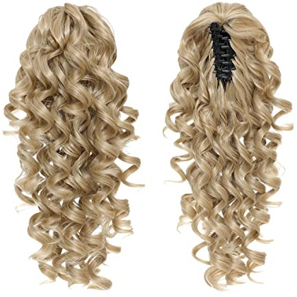 SWACC 12-Inch Ponytail Extensions Synthetic Clip in Drawstring Curly Ponytail Hairpiece Jaw Clip Hair Extension (Honey Blonde Blended-16/18#)