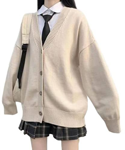 Women's Japanese College Style Loose V-Neck Knitted Cardigan Female JK Jacket Japanese School Uniform Beige