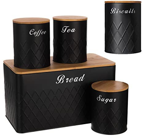 Black Bread bin set, Tea Coffee Sugar Bread bin sets, Biscuit Barrel Canister Round Jars bread bin tea canisters sets for the kitchen Storage tea coffee sugar canisters kitchen Airtight Bamboo Lids