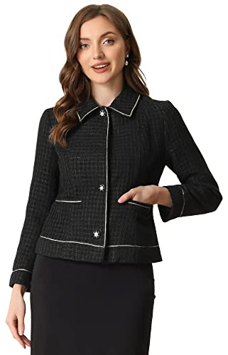 Allegra K Chaqueta de Tweed a Cuadros para Mujer de Manga Larga Vintage Outwear Blazer para Oficina Chaqueta Corta Negro XL