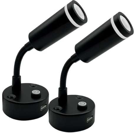 Dream lighting LED Leselampe 12v mit USB für Wohnmobil Boot Innenbeleuchtung Wohnwagen Lampen Dimmbar 3000K Warmweiss Schwarz Schwanenhals 2 Stück
