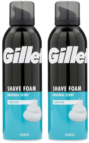 Gillette Men Shaving Foam Sensitive Skin Original Scent Clean Shave 200ml Pack of 2 Soft Face Body Aloe Vera Mousse Compatible with Gillette Razor with Welari Thank You Card | (2pack) (400ml)