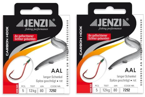 Set 2 Packungen gebundene Aal Haken von Jenzi, (10 Stück) an geflochtener Schnur Vorfach fertig + gratis Petri heil! Aufkleber. (Hakengröße 6)