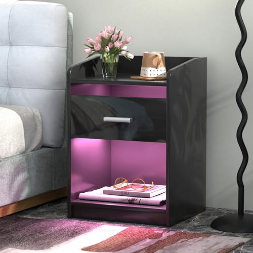 PIPIPOXER Table de Chevet LED avec 1 Tiroirs, Table de Nuit Blanche Haute Brillance, 16 Couleurs Lumières LED, 4 Modes de Luminosité pour Chambre à Coucher, 40x35x58cm, Noir