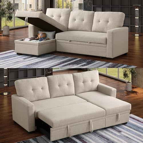 ERYE 82-inch Pull Out Sleeper Couch Bed, L-Shaped Reversible Sleeper Sectional Sofa Linen Blend Tufted Upholstered Corner Convertible Sofa Bed with Storage Chaise