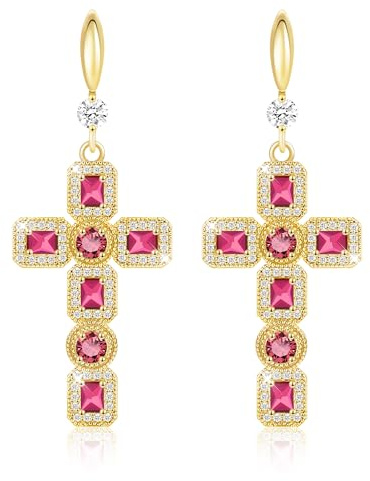 Linawe Pendientes Colgantes en Forma de Cruz en Plata y Oro - Joyería de Moda con Diamantes de Imitación y Piedra Natal de Moissanita