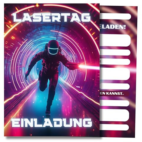 HIDEBLOOM Lasertag Einladungskarten Kindergeburtstag Junge - 12 Stück - DIN A6 (10,5 cm x 14,8 cm) - Einladung Lasertag - Geburtstagseinladungen Mädchen und Jungen - Einladung Laser Tag