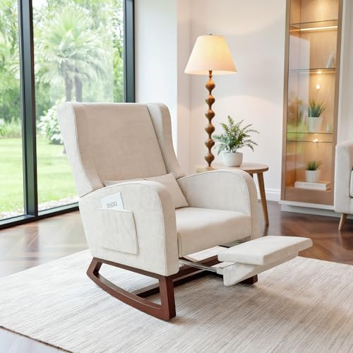 QMTXBYJ Silla Mecedora,con reposapiés,cojín Lumbar y Bolsillo Lateral,Sillon Lactancia con Estructura de Madera,Silla Mecedora para Adulto,Sillon de Lectura,Silla Dormitorio,sillones para el salón