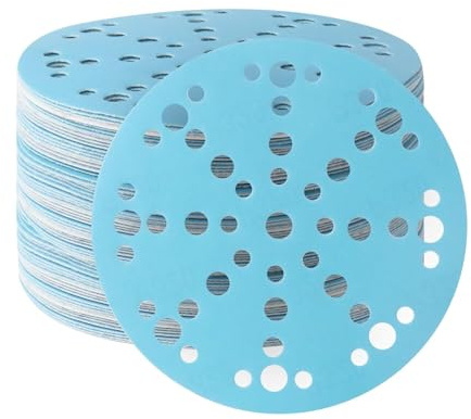 50 Pièces Disques Abrasifs 150mm 49 Trous Grain 180 Céramique Bleu Papier à Poncer Anti-Poussière Dos Disque de ponçage pour dépoussiérage bois métal voiture