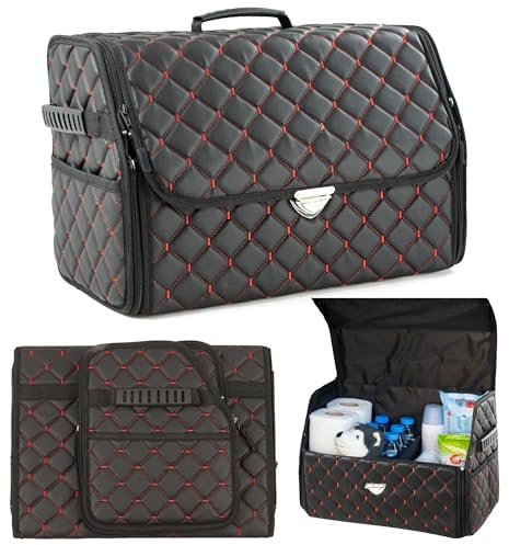 GOSOYO Organizer per bagagliaio in pelle con coperchio, organizer per auto, pieghevole, separatore e portabagagli, con tasche, organizer per bagagliaio, design antiscivolo (rosso-nero)