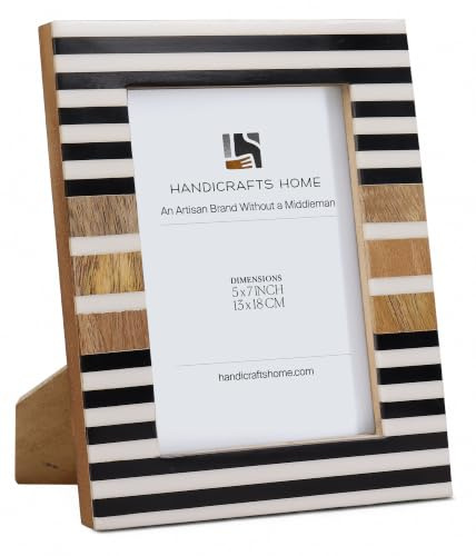 Handicrafts Home 5x7 Handmade Picture Frame, Resin Inlay & Wood Stripe Design for Tabletop & Wall Decor - Cute Photo Frames for Living Room, Bedroom, Modern Home Decor - Black, White & Natural
