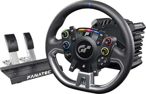 FANATEC Offiziell Lizenziertes Gran Turismo DD Pro PlayStation Sim Racing Lenkrad, Basis und Pedale – Lenkraddesign Polyphony Digital, 5 Nm FluxBarrier-Direct-Drive, Zwei-Pedal-Set für PC, PS5, PS4