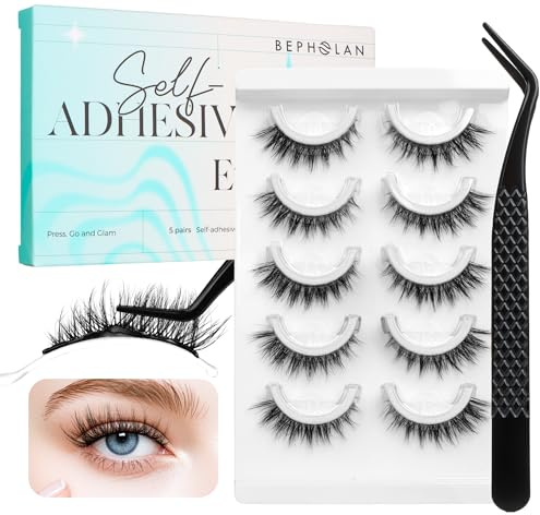 Bepholan Self Adhesive Eyelashes Natural Look,Pre Glued No Glue Needed Reusable Press On Lashes False Eyelashes Wispy with Tweezer of Replacement Adhesive Strips 8-14mm 5 Pairs(CVJ205)