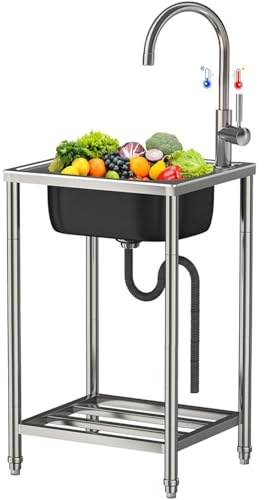 Freistehende Edelstahl Spültisch Küchenspüle 1 Becken Spülenschrank Multifunktions waschtisch mit Wasserhahn Kalt-/Warm,Mobile Edelstahlspüle für Outdoor Gastro und Camping usw,Leicht zu reinigen