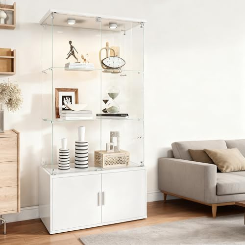 MIOOSUT Glasskyltfönster, 3 nivåer, skåp med LED-lampor, med lås och dolt utrymme, för sovrum och vardagsrum (vit, 78,5 x 35 x 164)