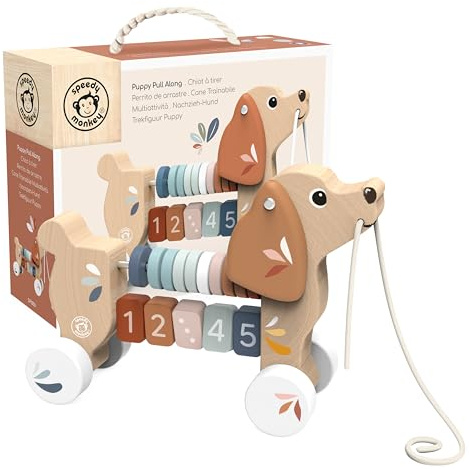 SPEEDY MONKEY Puppy Pull Along Toy for Toddlers 12m+, Wooden, Kids Gift | Wooden dog pull toy with counting numbers and colourful rings abacus for early walkers, motor skills play