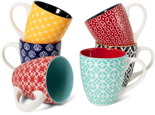 DOWAN kaffekoppar set med 6 st, 350 ml kaffekopp porslin, färgglad | Porslin kaffekopp för latte & cappuccino, modern stengods koppar med handtag, okrossbar förpackning, diskmaskiner