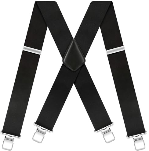 Bretelles Homme Larges forme X largeur 5cm Réglable Élastique Noir 4 Clips