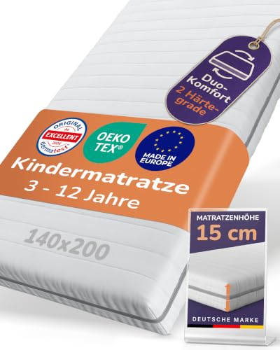 sun garden Matelas pour Enfant 140 x 200 cm, 3 à 12 Ans, fabriqué en Europe | système évolutif 2-en-1 pour lit d'enfant et lit d'adolescent, certifié Oeko-Tex et Dermatest - Très bien, RG28 de 15 cm