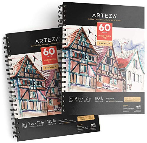 ARTEZA Mixed Media Sketchbook, 9x12 Inches – 2-Pack, 60 Spiral-Bound Sheets, 110 lb Acid-Free Paper for Wet & Dry Media: Acrylic, Ink, Pencil & More