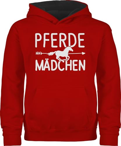 Pullover Kinder Hoodie Jungen Mädchen - Pferd mit Herzen - Pferde Horse Reiter Reiterin Pferdeliebhaber Geschenk Pferdemädchen - 104 (3/4 Jahre) - Rot/Schwarz - pferdepullover pferdepulli reiten