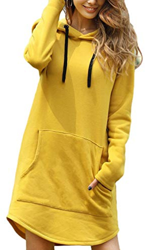 Zltang Mujer Sudaderas Largas con Capucha Vestido de Sudadera Oversize Otoño Invierno Color Sólido Dobladillo Irregular Suelto Hoodie Largo Amarillo XL