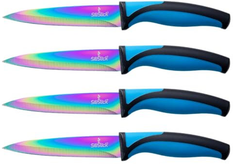 SiliSlick Ensemble de Couteaux à Steak - Couteaux en acier inoxydable avec revêtement en titane irisé/arc-en-ciel - 5 Pouces / 12,7 cm - (4 Poignée Bleue)