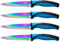 SiliSlick Ensemble de Couteaux à Steak - Couteaux en acier inoxydable avec revêtement en titane irisé/arc-en-ciel - 5 Pouces / 12,7 cm - (4 Poignée Bleue)