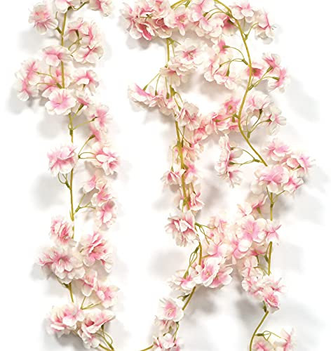 2 Stück Künstliche Blumne Kirschblüten Girlande, Künstlich Blumenranke Rosa Blumengirlande Deko Hangend Vine Seidenblumen für Zuhause Wand Hochzeit Party Bogen Dekoration 1.8m
