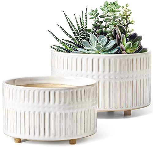 LE TAUCI Succulent Pots, 16.5+20 cm Ceramic Indoor Plant Pots with Drainage Holes, Modern Cylindrical Decorative Flower Pot, Gifts for Mom, Set of 2, Reactive Glaze White