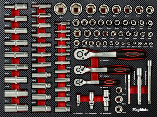 Mephisto Werkzeugeinlage Werkzeug Set Pro Line Kombi-Ratschenschlüssel, Maulschlüssel, Ratschenringmaulschlüssel, Ringschlüssel mit Ratsche Funktion, Knarrenschlüssel, inkl. Soft Inlay