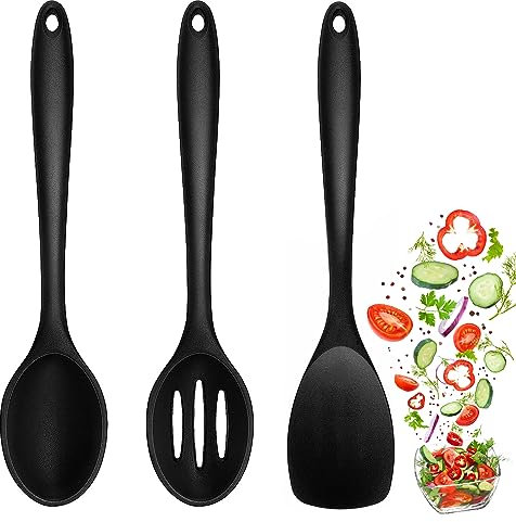 3 Stück Langen Griff Kochlöffel Silikon,Antihaft Kochlöffel,Geschlitzter Rührlöffel,Silikon Kochlöffel,Rührlöffel Schlitzöffel,Silicone Mixing Spoons,Küchenhelfer Spatel,für Kochen,Backen,Rühren