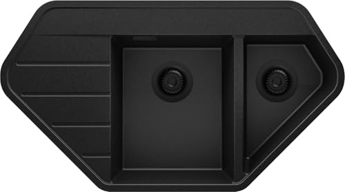 PRIMAGRAN Evier Cuisine en Granit Tout Noir 90x50cm, Lavabo 1,5 bacs + Kit de Vidage, Évier à Encastrer au Meuble 70cm - Copenhague S006