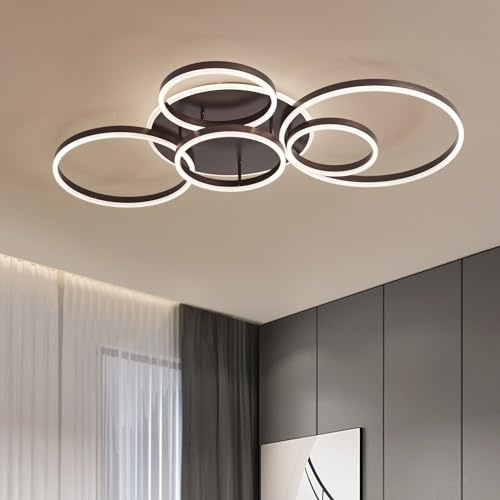 Plafon Led Techo Regulable,Montaje Empotrado 108W 6400Lm LáMpara Techo Con Control Remoto,Moderna LáMpara De ArañA De 6 Anillos Para Sala De Estar Dormitorio Comedor Pasillo,3000-6000K,MarróN