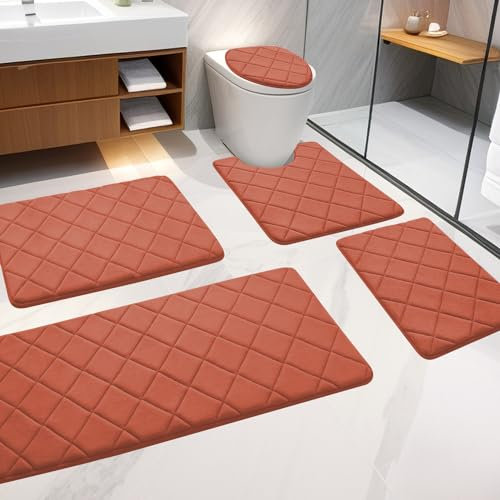 YIHOUSE Badezimmerteppich-Set, 5-teilig, weich, rutschfest, Memory-Schaum, maschinenwaschbar, Badezimmermatten-Set, wasserabsorbierend, Badteppich-Set für Badewanne, WC und Boden (Orange)