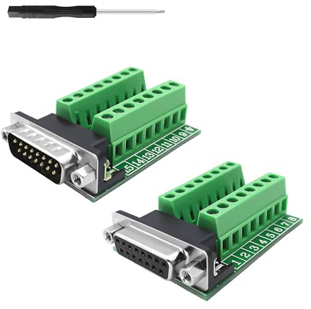 YIMATEECO DB15 Breakout Board, DB15 to Screw Terminal Block RS232 D-SUB to 15Pin Solderless Terminal Block Adapter Converter Connector Interface Breakout Conversion Board (1x Female + 1x Male)