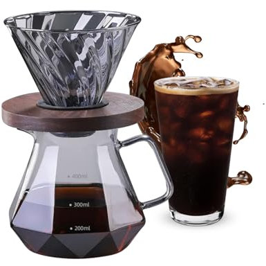 Inscrip Pour Over Cafetière à piston en verre borosilicate 400 ml/600 ml avec filtre en verre, anse en noyer, topper, machines à café infusées à la main pour la maison, le café, le restaurant et le