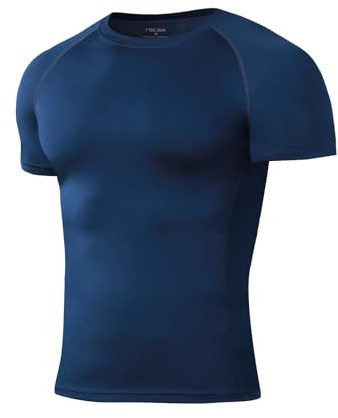 Niksa 1Pack Gym T Shirts Men Compression Shirt Breathable Active Wear Muscle Fit Running Top Quick Dry Base Layers Tights Clothes for Sports, Navy Blue,S