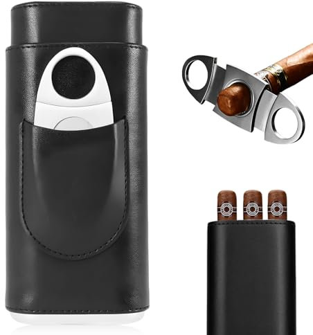 SUNOYA Cigarrfodral för 3 cigarrer, läder cigarrfodral med cigarrskärare, bärbar humidor cigarrfodral för resor korta resor presenter för män (Noir)