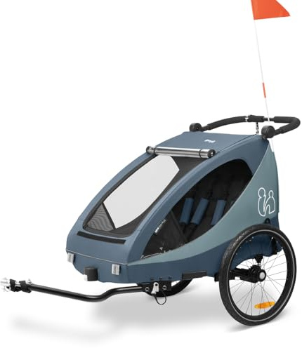 Hauck Dryk Duo Plus Remolque Bicicleta para 2 Niños y Carro Gemelar 2 en 1 - Remolque para Niños (6-48) Enganche Incluido, Suspensión, Plegable, Ajustable, Maletero XL - Azul