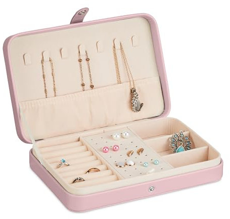 Relaxdays Valigetta Portagioie, Cofanetto Porta Gioielli da Viaggio, Organizer Anelli e Collane, 4,5x21x14,5 cm, Rosa