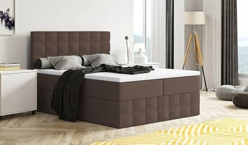Generisch Moderne Boxspringbett MERA Premium Bett mit Bettkasten Ziernähten Bonell Matratze H3 Federkern Topper Polsterbett Doppelbett Schlafzimmer (Braun: Aura 04, 140 x 200 cm)