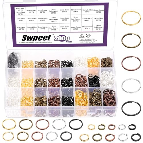 Swpeet Lot de 2 000 petits anneaux fendus en métal colorés de 5 tailles 3 mm, 5 mm, 8 mm, 10 mm, 14 mm, double boucle fermée pour la fabrication de bijoux