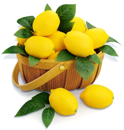 Lorigun 24 Pezzi di Limoni Finti con 24 Foglie, Limoni Finti Decorativi, Frutta Artificiale Realistica in Plastica per Decorazioni da Cucina, Centrotavola per Feste Estive (24 Limoni Gialli)