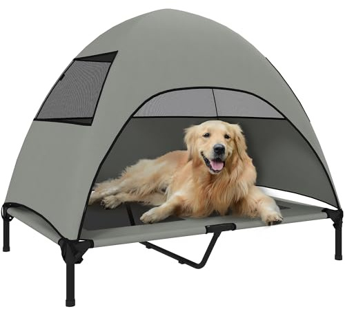 PawHut Hundeliege Outdoor mit Dach, Erhöhtes Hundebett für Große Hunde, Kühlendes Haustierliege mit Waschbares Mesh Stahlrahmen Tragtasche, Haustierbett für Draußen Camping 106x76x99cm, Hellgrau