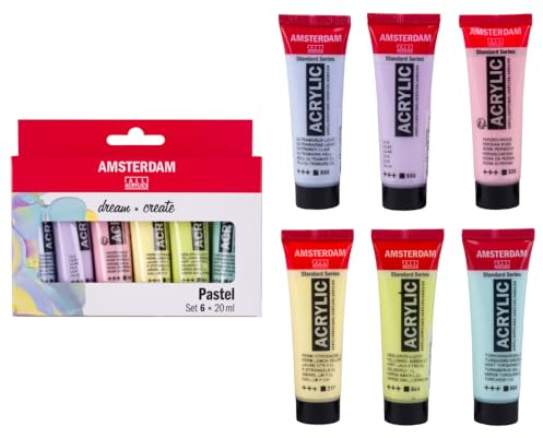 Amsterdam Set de Peinture Acrylique Pastel Série Standard, 6 x 20 ml, Fini Satiné, À Base d'Eau, Sans Odeur, Emballage Durable et Écologique